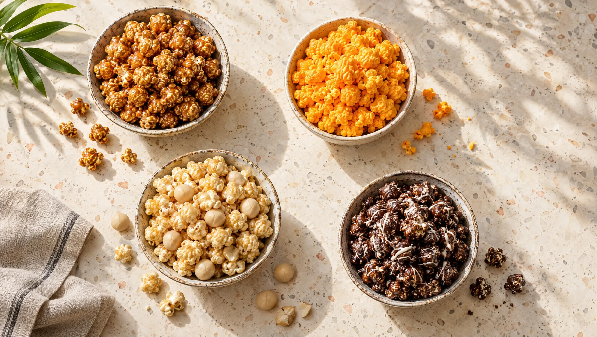 Four ceramic bowls of caramel, cheese, macadamia and chocolate popcorn on a terrazzo table