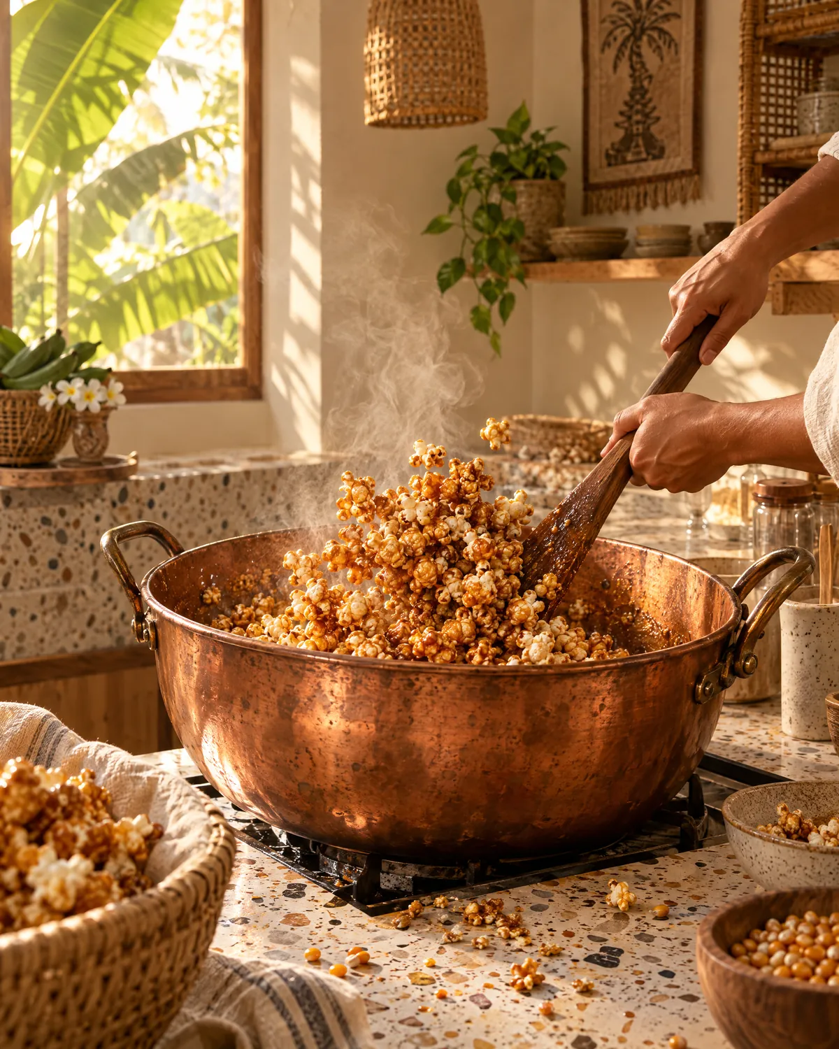 Caramel popcorn being tossed with a wooden paddle in a copper kettle, in a sunlit Bali kitchen